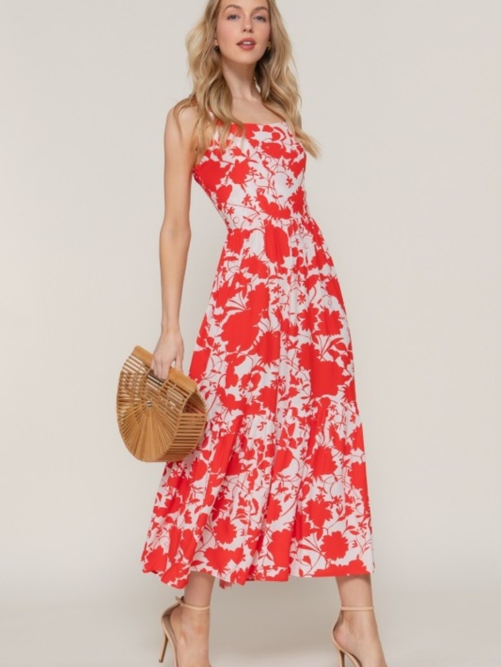 Active Basic Floral Red and White Midi Dress